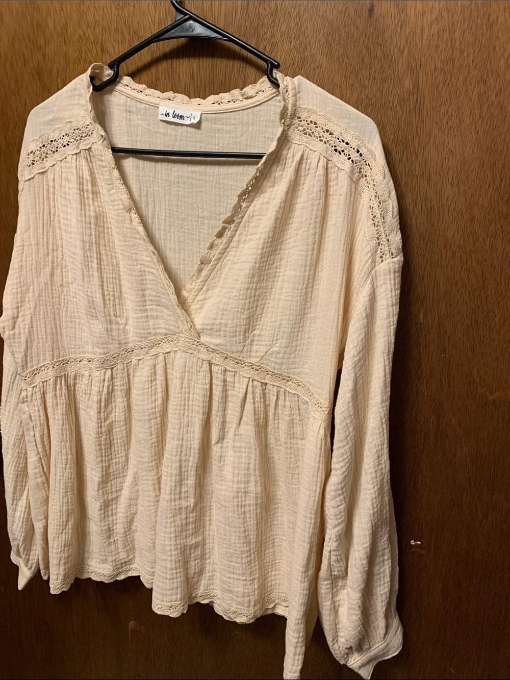 In loom  Cream Gauze V-Neck Peasant Blouse with Lace Trim
